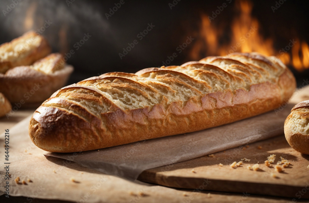 Pane appena uscito dal forno a legna su un tavolo di legno, baguette francese