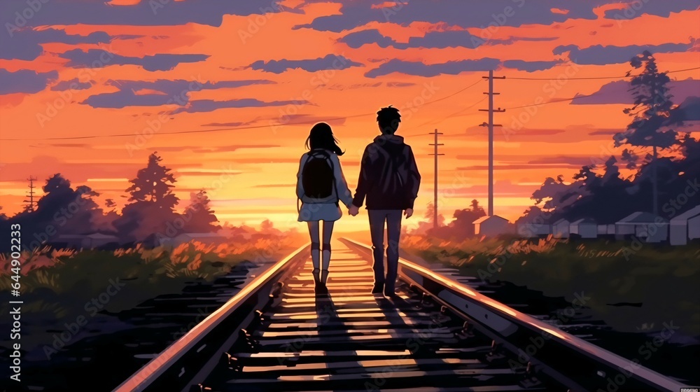 Anime Couple Walking on Railway Track - Emotional Breakup Scene.