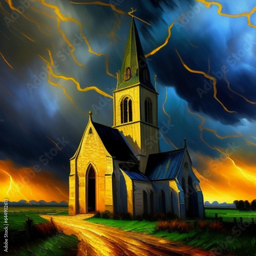 Impressionism painting style of storm clouds over rural medieval parish church.  Generative AI