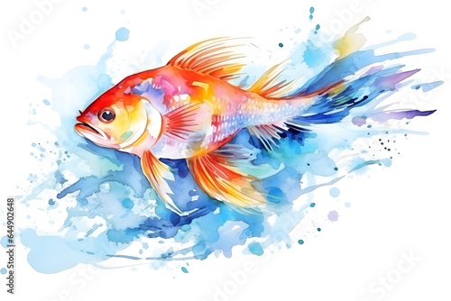 Modern colorful watercolor painting of a fish  textured white paper background  vibrant paint splashes. Created with generative AI