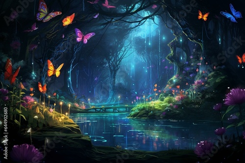Magical realm with luminous sprites and vibrant fluttering insects. Generative AI photo