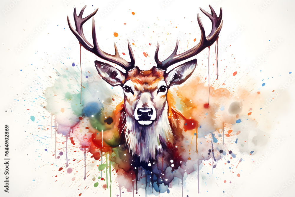 Modern colorful watercolor painting of a reindeer or deer, textured white paper background, vibrant paint splashes. Created with generative AI