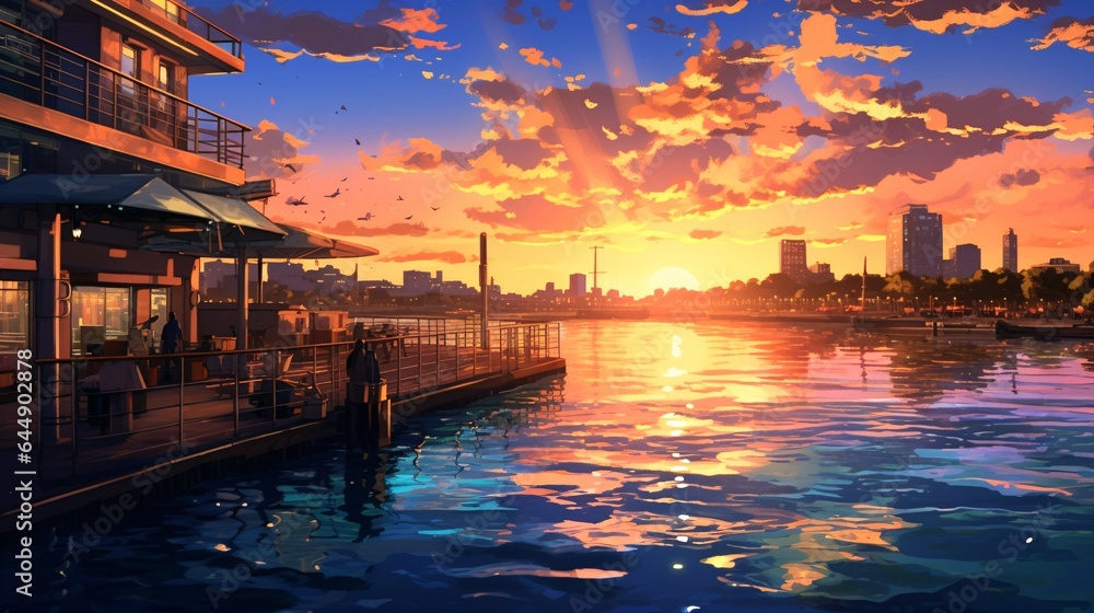 Anime Riverfront Sunset - Riverside in Japanese Art Style.