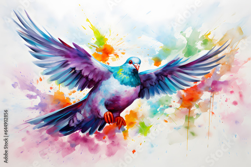 Modern colorful watercolor painting of a pigeon, textured white paper background, vibrant paint splashes. Created with generative AI