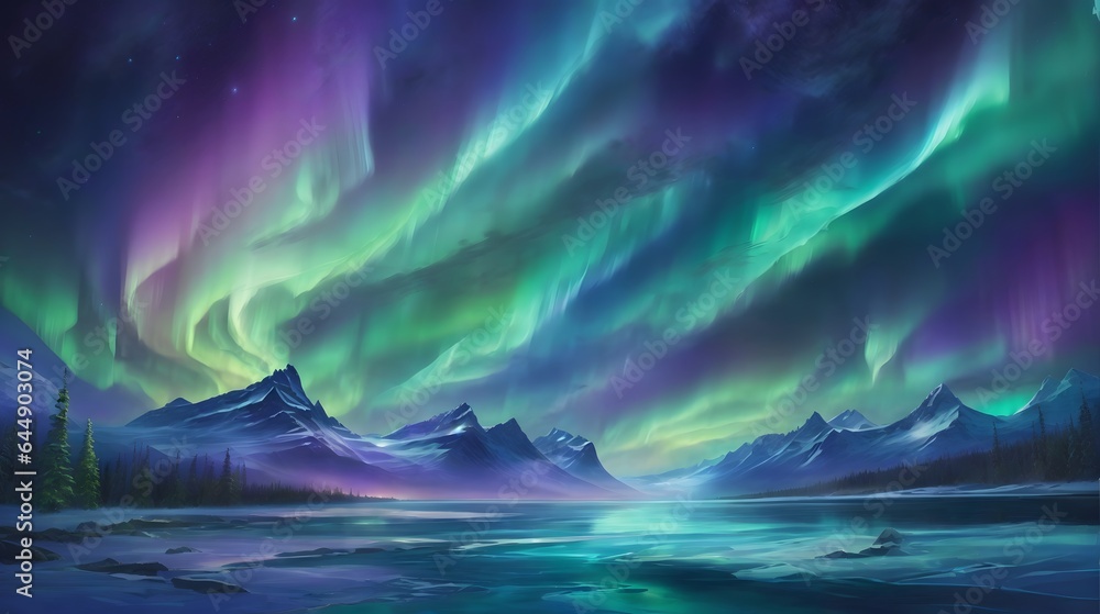 Naklejka premium Captivating Northern Lights Sky Background Aurora Borealis Night Sky Dazzling Polar Lights Landscape Northern Lights Aurora Scenery AI Generative
