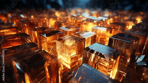 Golden abstract background of crystals and glass cubes