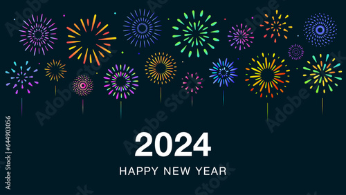 2024ハッピーニューイヤーの花火でお祝いの年賀状ベクター黒い背景素材