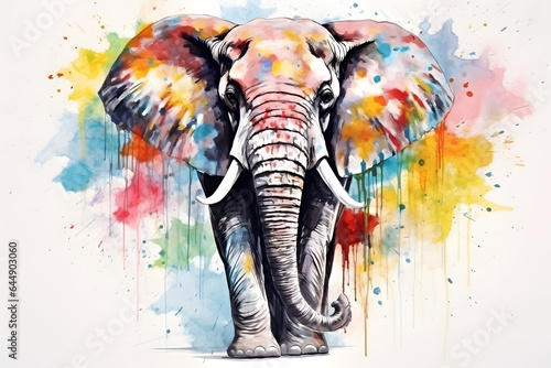 Modern colorful watercolor painting of an elephant, textured white paper background, vibrant paint splashes. Created with generative AI