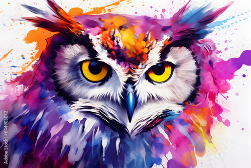 Modern colorful watercolor painting of an owl, textured white paper background, vibrant paint splashes. Created with generative AI