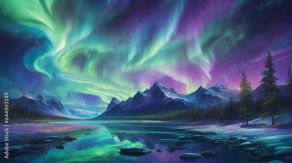 Naklejka premium Captivating Northern Lights Sky Background Aurora Borealis Night Sky Dazzling Polar Lights Landscape Northern Lights Aurora Scenery AI Generative