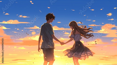 Beach Romance Anime Couple in Swimwear, Love and Affection, Boyfriend and Girlfriend, Asia.