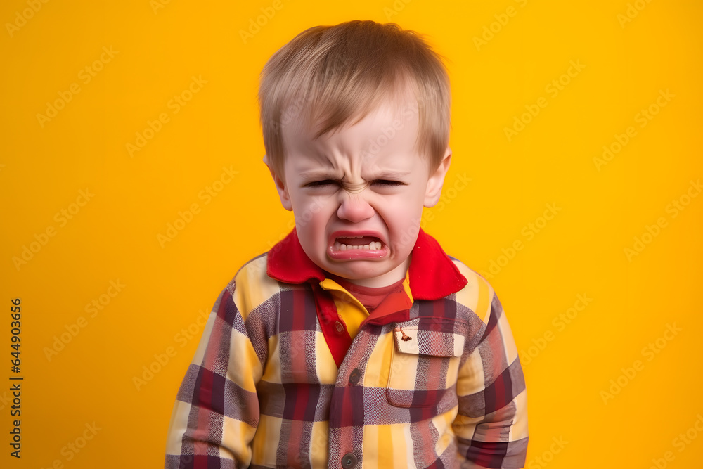 Studio portrait of a little boy being disgusted and angry, isolated on colorful background. Kids emotions or moods concept. Generative AI Studio portrait of a little boy being disgusted and angry, isolated on colorful background. Kids emotions or moods concept. Generative AI