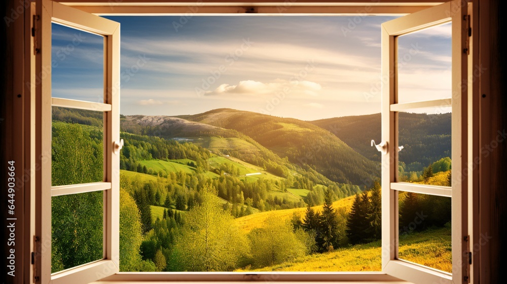 Stunning Open Window with Mountain, Lake, Trees, and Sun View. Stunning Open Window with Mountain, Lake, Trees, and Sun View.