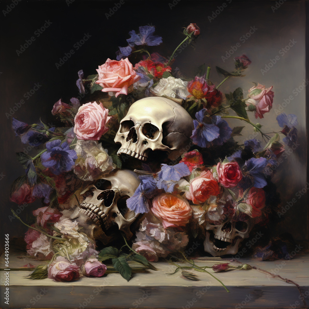 An AI-generated illustration of Halloween skull and flowers. Celebration is helping to get comfortable with the idea of death. Therapy and mental health wellness. 