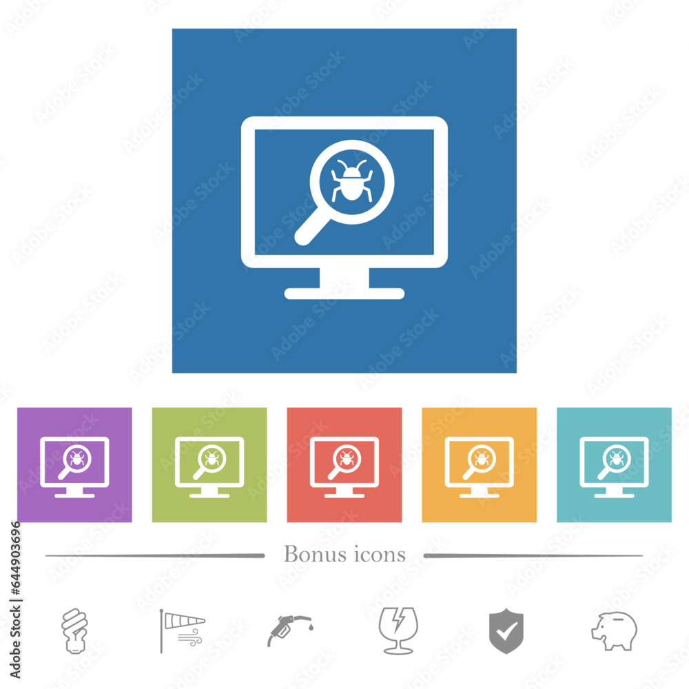 Spyware scanning flat white icons in square backgrounds Spyware scanning flat white icons in square backgrounds