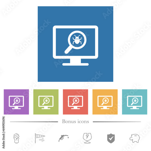 Spyware scanning flat white icons in square backgrounds