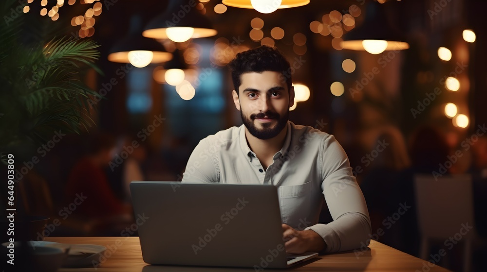 Collaborative Remote Work: Young Man, Freelancers Working on a Laptop at a cafe Collaborative Remote Work: Young Man, Freelancers Working on a Laptop at a cafe