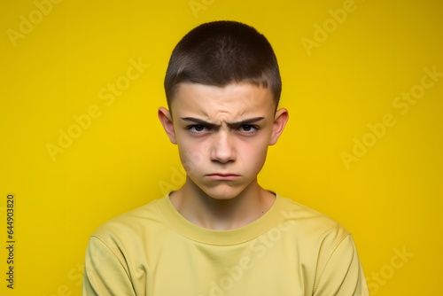 Studio portrait of a teenager boy being upset, isolated on colorful background. Teenager emotions or moods concept. Generative AI © Mihai Zaharia