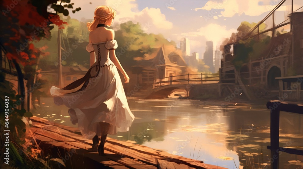 Obraz premium Anime Woman in Professional Attire Walking by the Riverside.