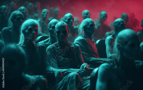 AI-generated haunted Halloween macabre photo. A bunch of creepy hugry zombies are seating in the movie theatre. Halloween spirit. Eerie Halloween celebration photos.