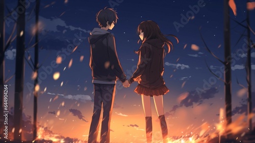 Anime Couple by the Bonfire of Love and Affection in Asia.