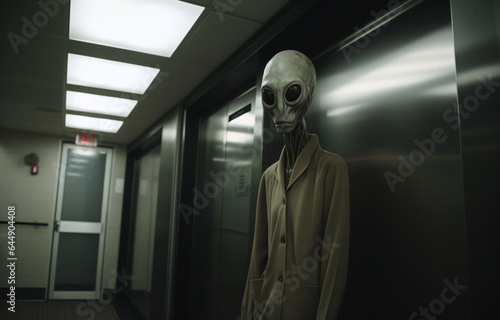 AI-generated photo of the Halloween solitary alien. An enchanting melancholic scene of extraterrestrials waiting at the hall with an elevator. Halloween spirit. Eerie Halloween macabre fall photos. 