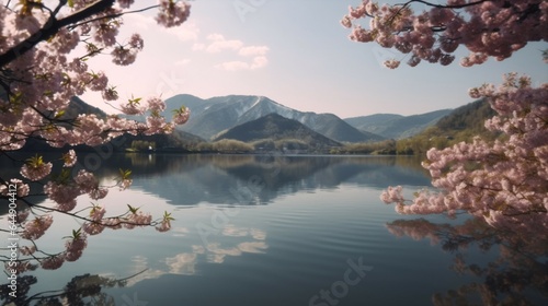 Cherry Blossom Lake, Spring Landscape, Photorealistic.