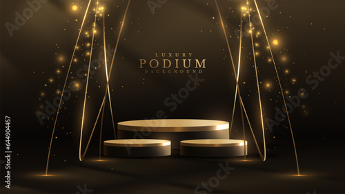Gold podium empty on dark scene with ribbon element for products presentation and spotlight effect and beam decoration and bokeh. Luxury award ceremony background.