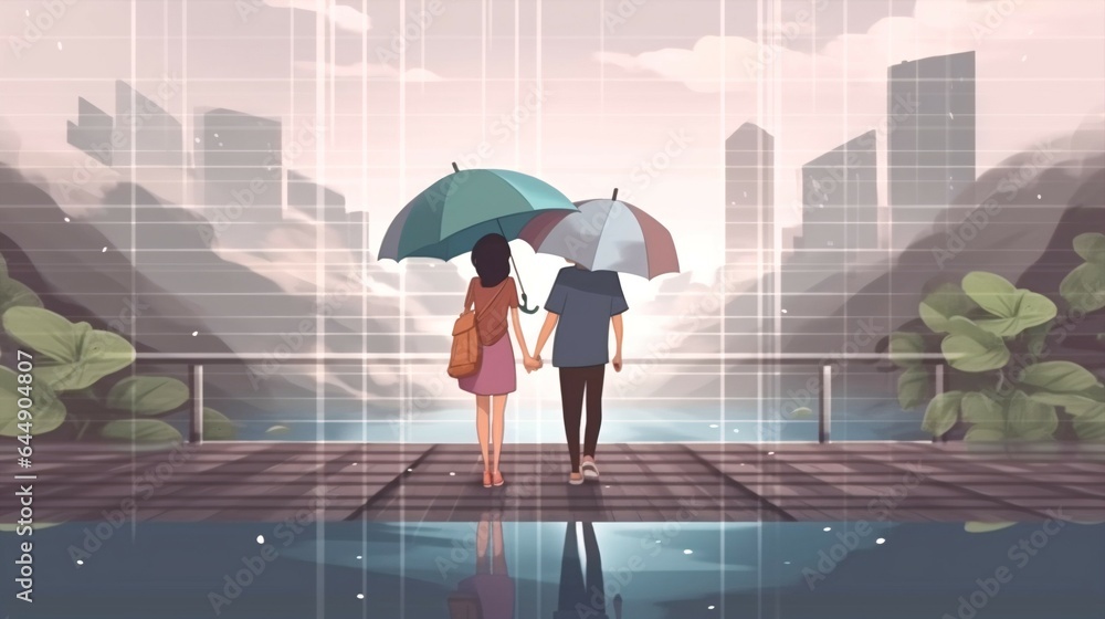 Romantic Anime Couple Walking in Rainy Season of City Sunset.