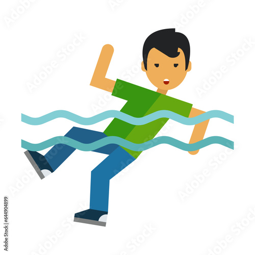 Careless man drowning in water flat vector icon. Person in danger calling for help in sea or river with big waves isolated on white background. Activities and professions, accident, safety concept
