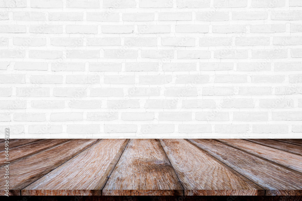 Wood table, empty wooden table top over white brick wall background, Wood desk, shelf in kitchen frame for food and product display template, backdrop, Empty wooden counter and white wall background Wood table, empty wooden table top over white brick wall background, Wood desk, shelf in kitchen frame for food and product display template, backdrop, Empty wooden counter and white wall background