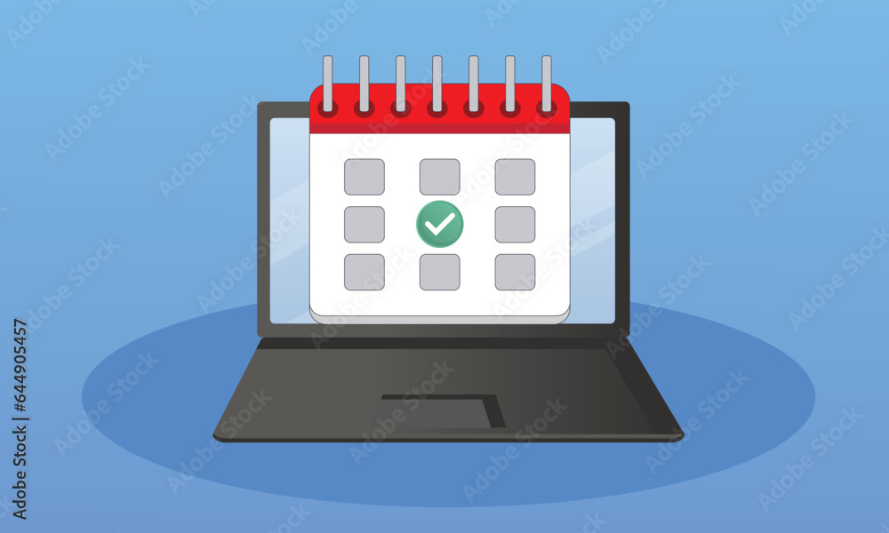Calendar on the laptop screen.on blue background.Vector Design Illustration.