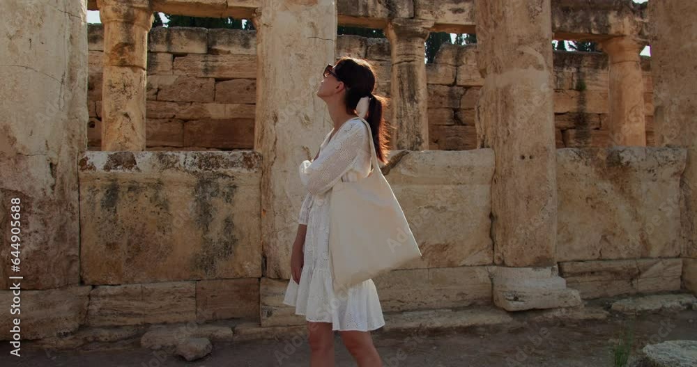 Female traveler in white dress walks amidst the centuries-old ancient ruins town, Hierapolis near Pamukkale, Turkey Female traveler in white dress walks amidst the centuries-old ancient ruins town, Hierapolis near Pamukkale, Turkey