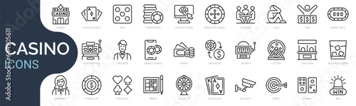 Leinwand Poster Set of outline icons related to gambling, casino