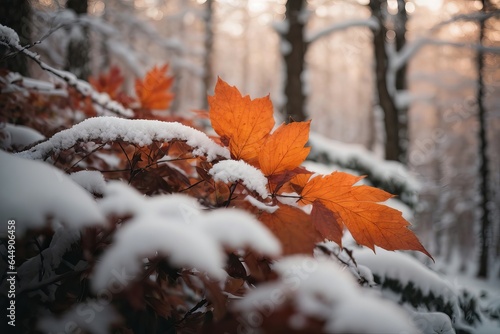 Tranquil Winter Woodland: Falling Leaves and Snow on Tree Trunks