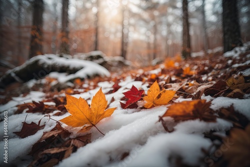 Tranquil Winter Woodland: Falling Leaves and Snow on Tree Trunks