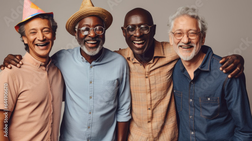 A joyful group of senior men clebrating a birthday in a studio. Generative AI photo