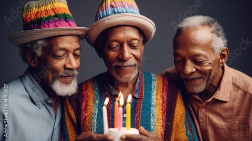 A joyful group of senior men poses with a birthday cake in a studio. Generative AI