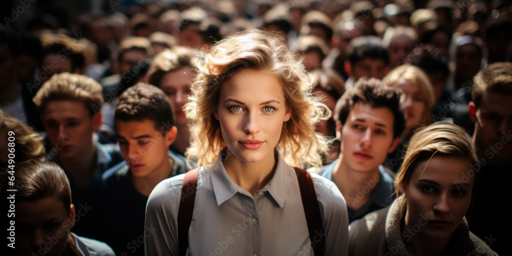 Obraz premium Singular Spotlight: Blonde Woman Amidst the Crowd's Sea