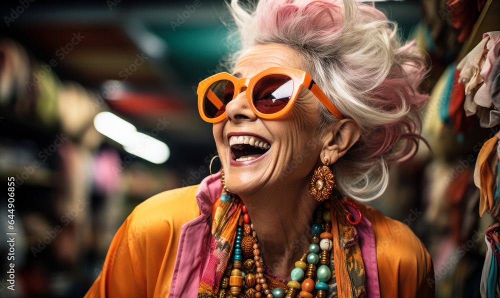 Fashion's Ageless Glow: Senior Lady in Orange, Laughing in Studio Fashion's Ageless Glow: Senior Lady in Orange, Laughing in Studio