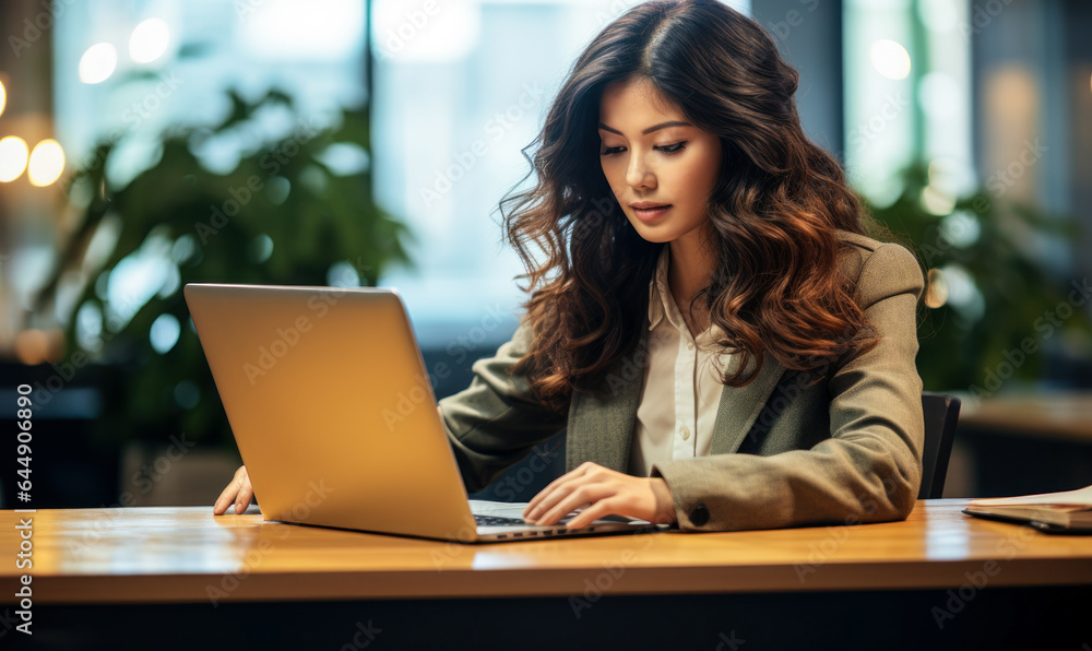 Professional Asian woman immersed in work on her office laptop. Professional Asian woman immersed in work on her office laptop.