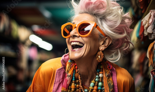 Fashion's Ageless Glow: Senior Lady in Orange, Laughing in Studio