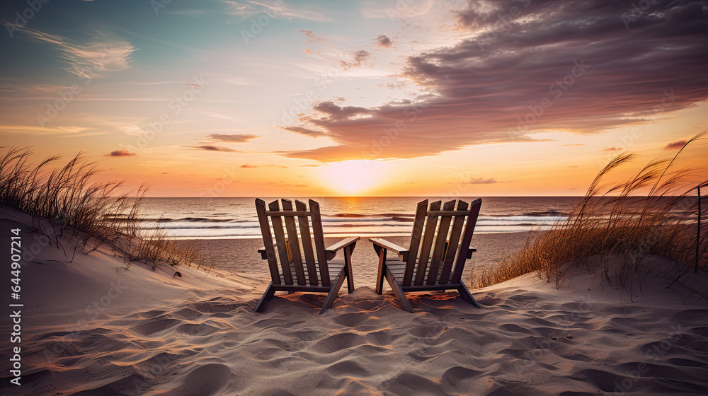 Two empty beach chairs on beach at sunset. - obrazy, fototapety, plakaty 