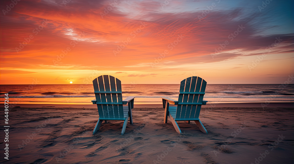 Two empty beach chairs on beach at sunset.