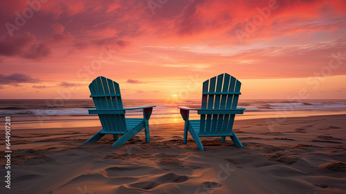 Two empty beach chairs on beach at sunset. © Ziyan Yang