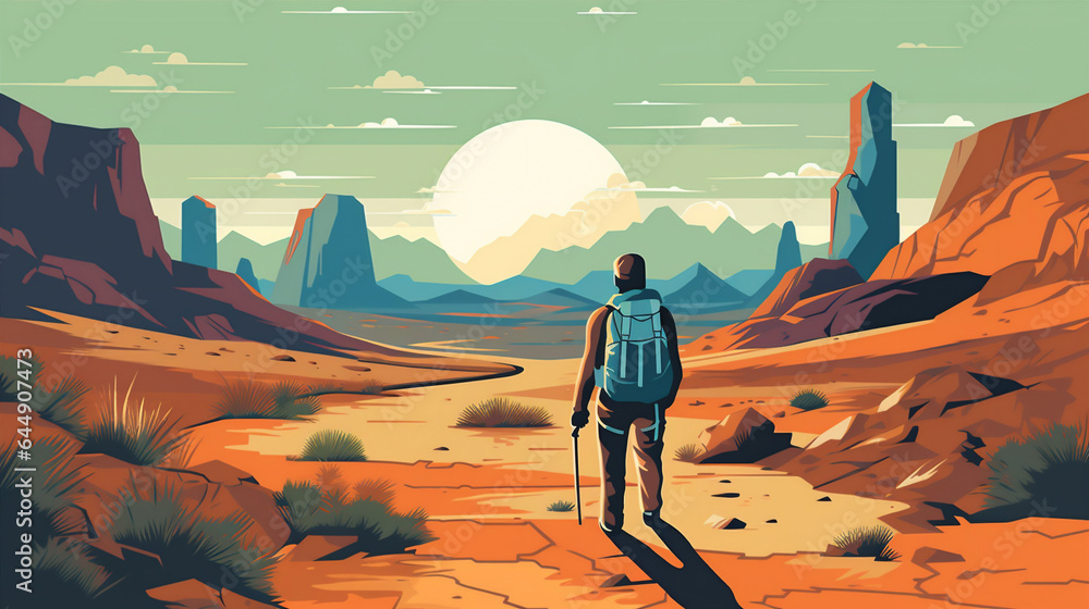 journey man dune landscape adventure backpack walking desert travel hike trek. Generative AI. - obrazy, fototapety, plakaty 