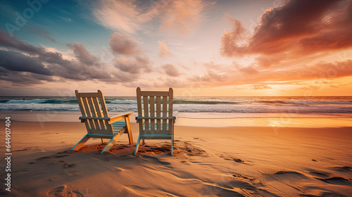 Two empty beach chairs on beach at sunset.