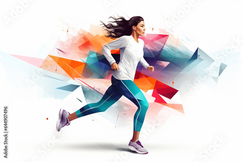 A woman runs in sportswear. Athletic young woman is engaged in sports. Modern illustration in geometric style