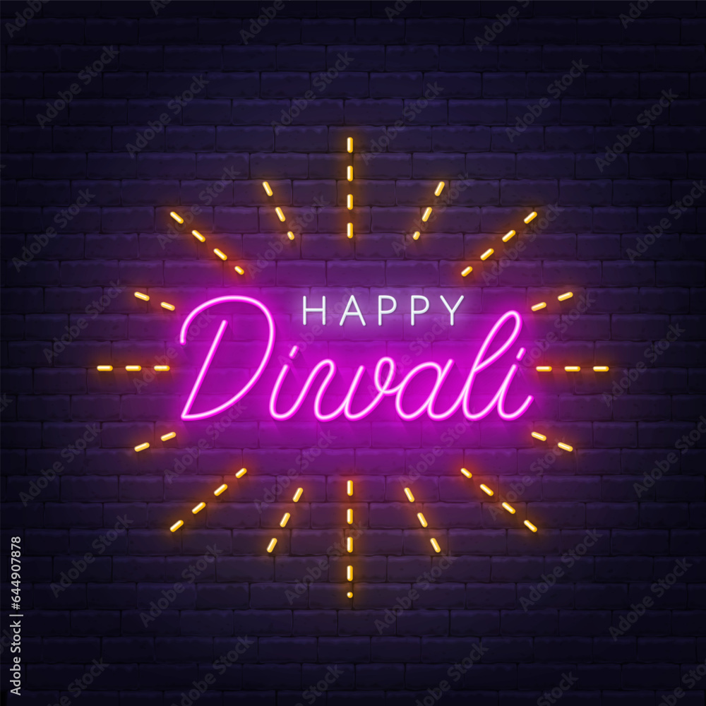 Happy Diwali neon lettering on brick wall background.