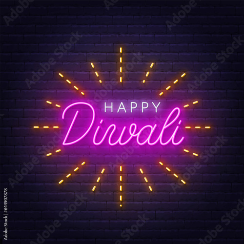 Happy Diwali neon lettering on brick wall background.